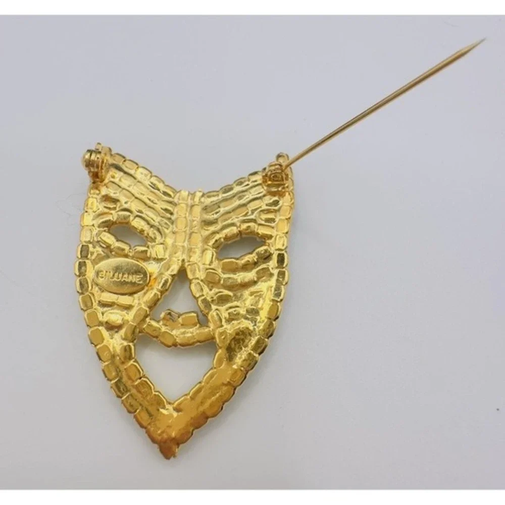 Siluane Mask Brooch Rhinestone Gold Tone Black Clear Crystal Theatrical Mask Pin